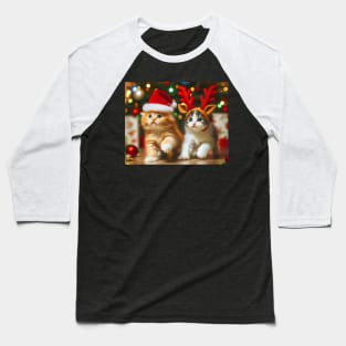 Cute kittens with Santa Claus and reindeer hats and Christmas tree Baseball T-Shirt